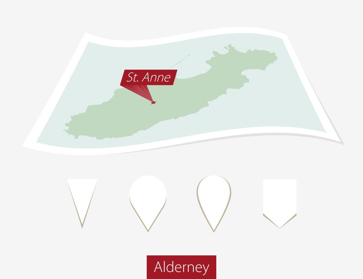 gebogen papier kaart van alderney met hoofdstad heilige anne Aan grijs achtergrond. vier verschillend kaart pin set. vector