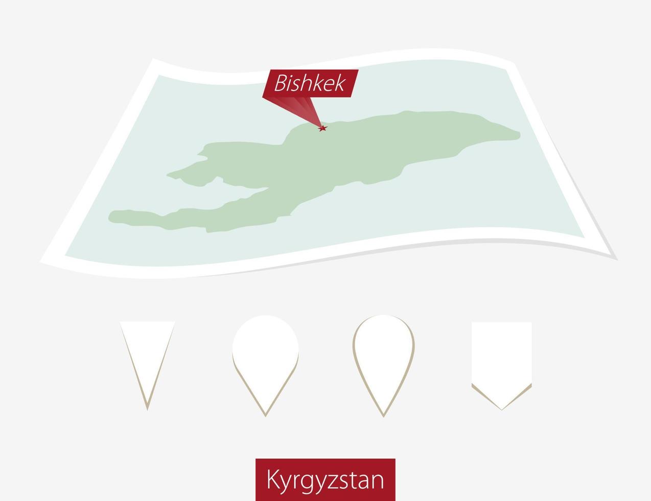 gebogen papier kaart van Kirgizië met hoofdstad Bishkek Aan grijs achtergrond. vier verschillend kaart pin set. vector
