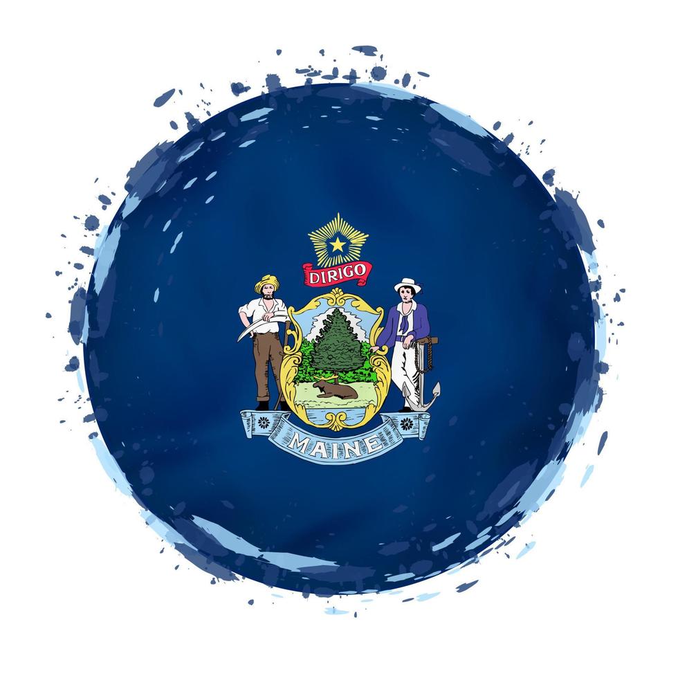 ronde grunge vlag van Maine ons staat met spatten in vlag kleur. vector