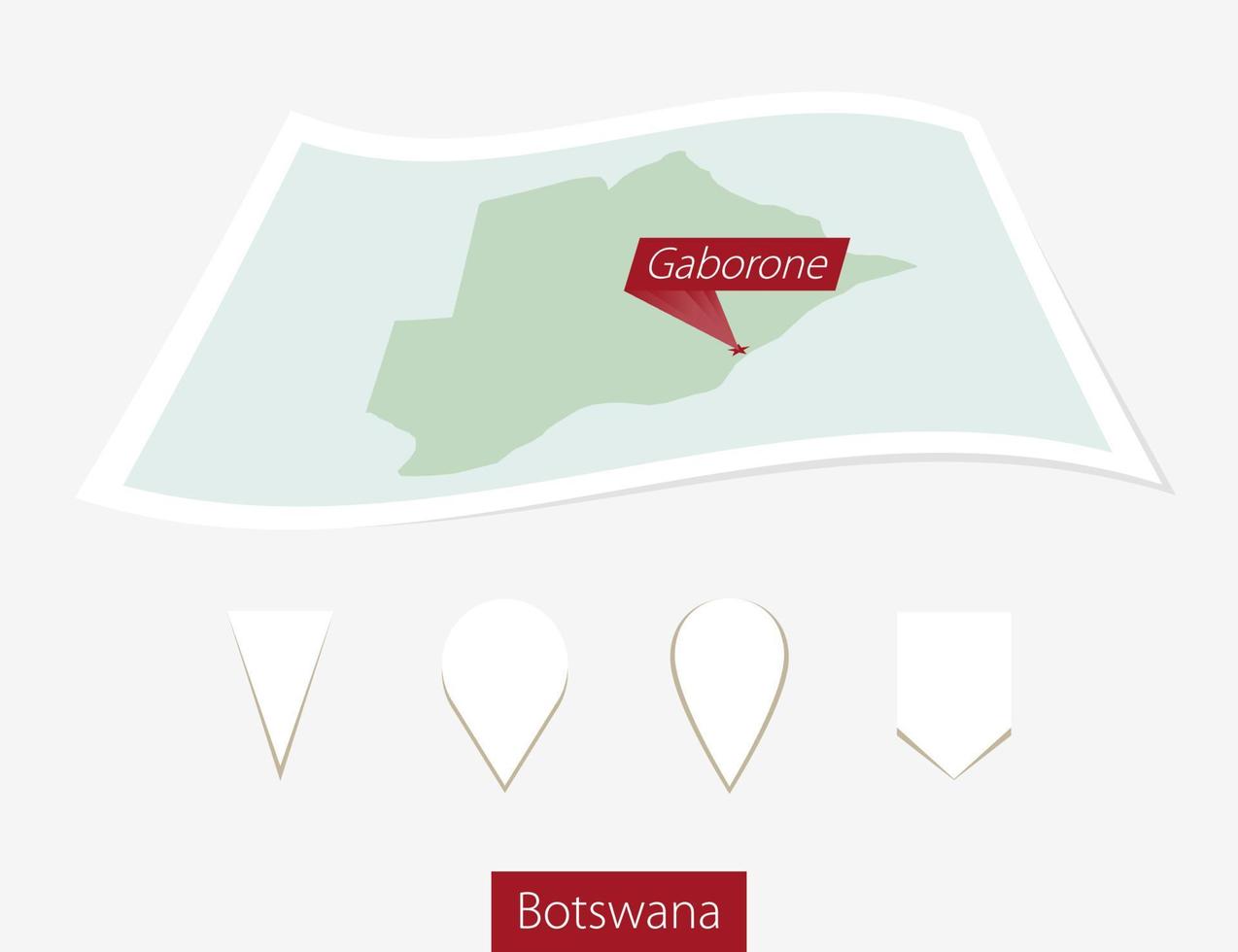 gebogen papier kaart van botswana met hoofdstad Gaborone Aan grijs achtergrond. vier verschillend kaart pin set. vector