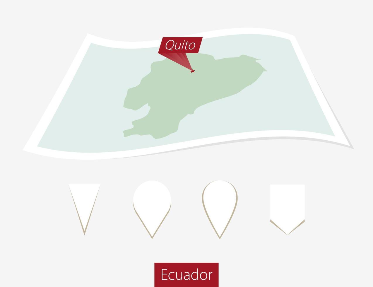 gebogen papier kaart van Ecuador met hoofdstad stoppen Aan grijs achtergrond. vier verschillend kaart pin set. vector