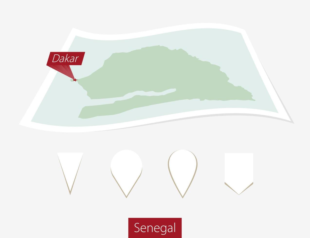 gebogen papier kaart van Senegal met hoofdstad Dakar Aan grijs achtergrond. vier verschillend kaart pin set. vector