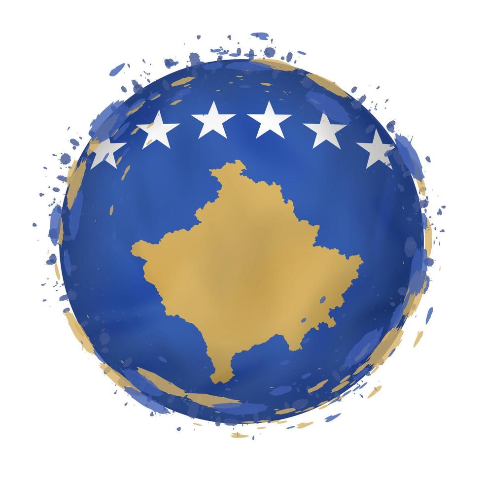 ronde grunge vlag van Kosovo met spatten in vlag kleur. vector