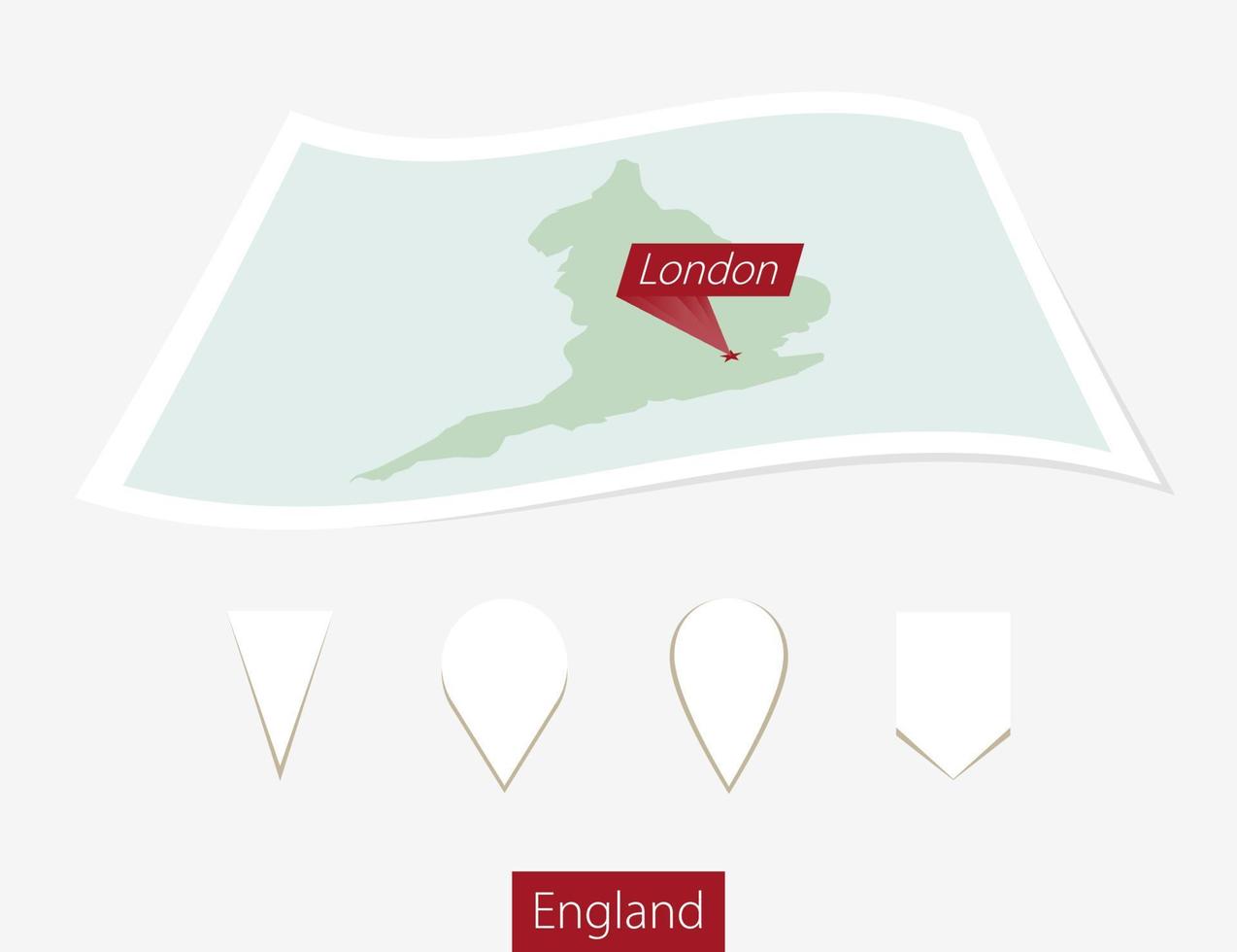 gebogen papier kaart van Engeland met hoofdstad Londen Aan grijs achtergrond. vier verschillend kaart pin set. vector