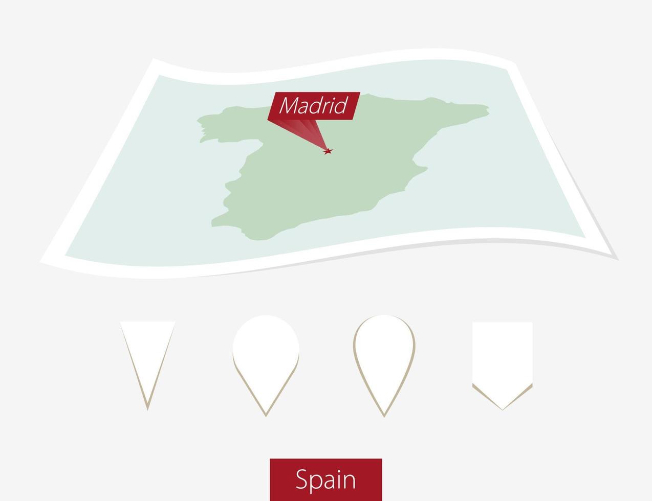 gebogen papier kaart van Spanje met hoofdstad Madrid Aan grijs achtergrond. vier verschillend kaart pin set. vector