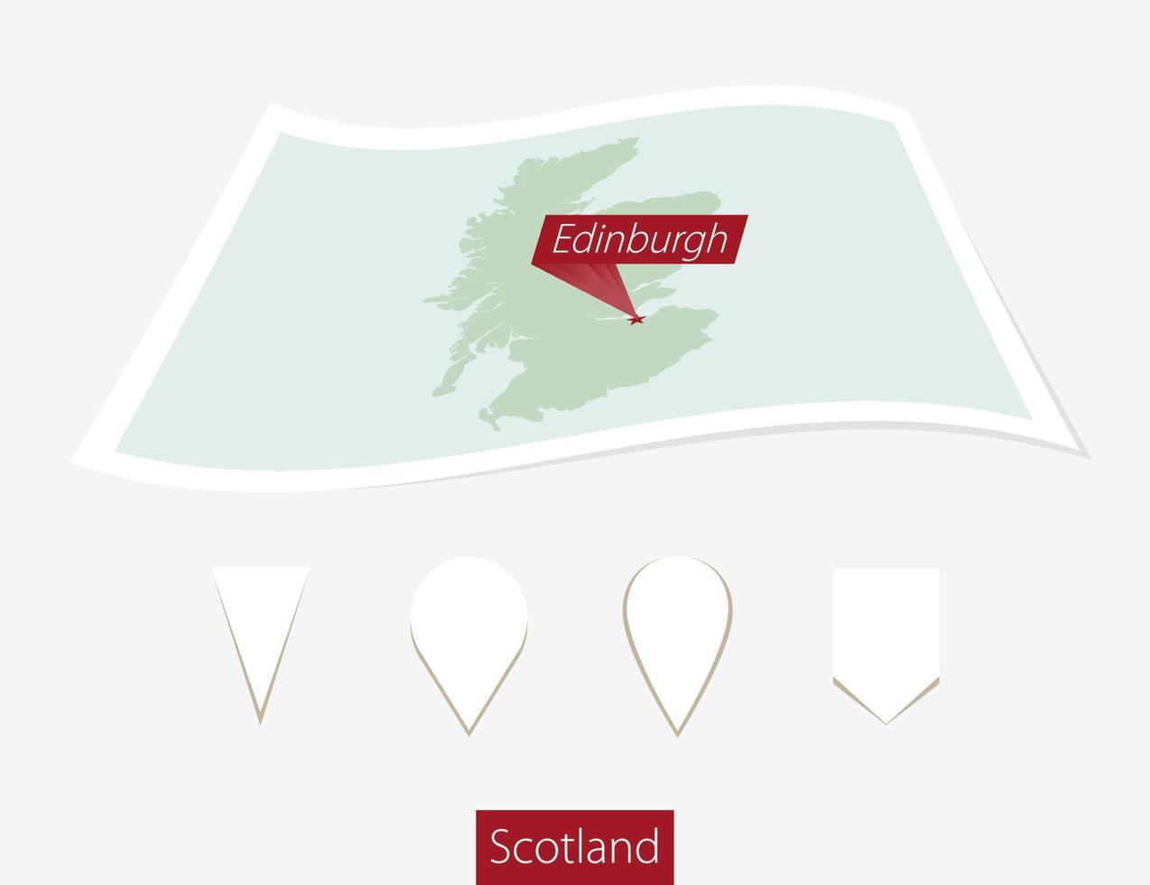 gebogen papier kaart van Schotland met hoofdstad Edinburgh Aan grijs achtergrond. vier verschillend kaart pin set. vector