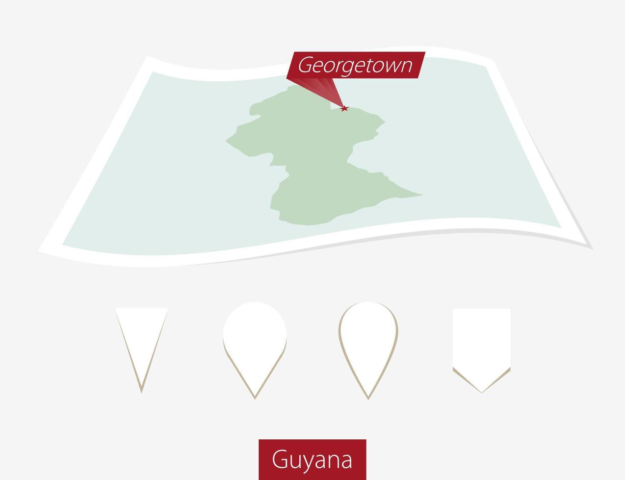 gebogen papier kaart van Guyana met hoofdstad Georgetown Aan grijs achtergrond. vier verschillend kaart pin set. vector