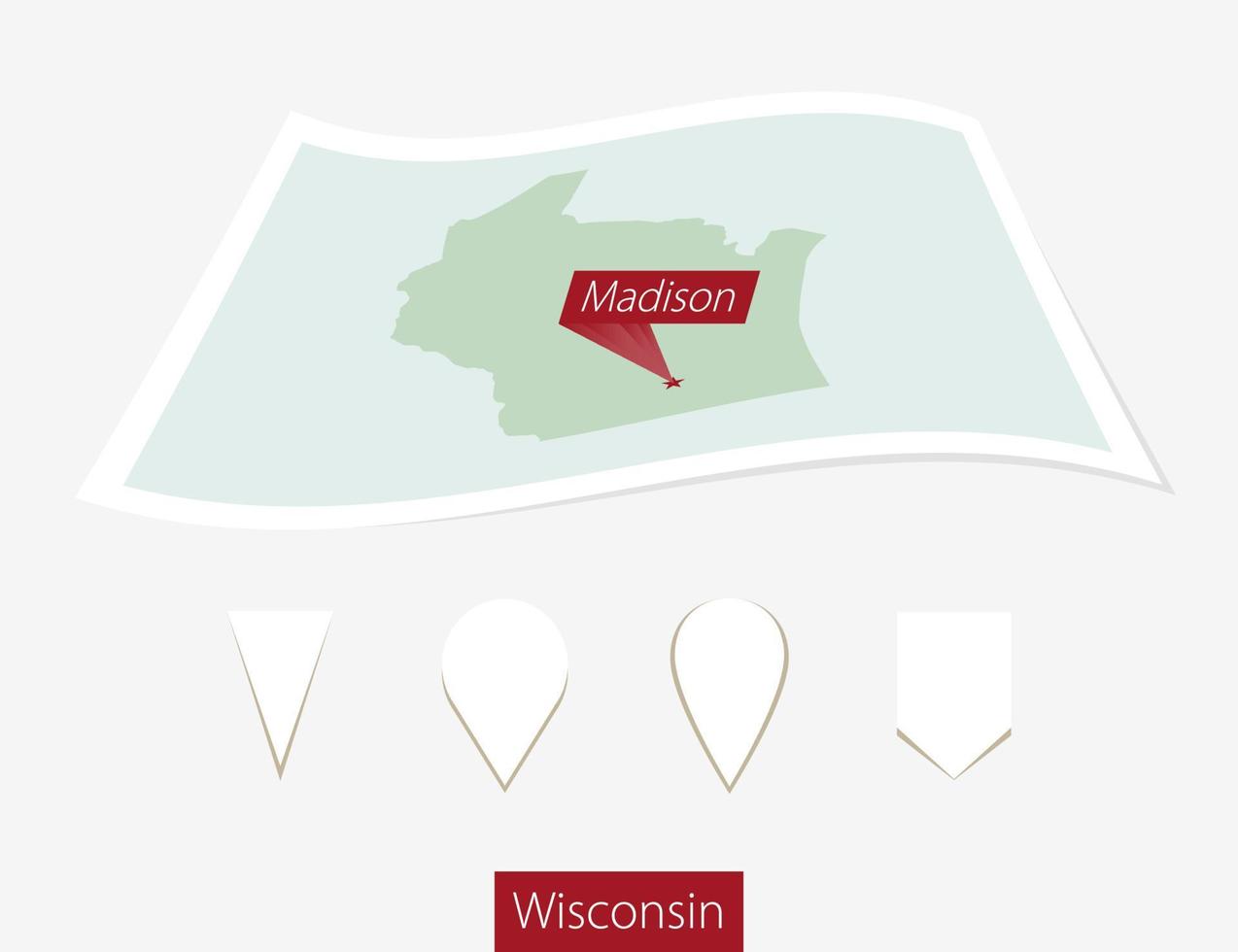 gebogen papier kaart van Wisconsin staat met hoofdstad Madison Aan grijs achtergrond. vier verschillend kaart pin set. vector