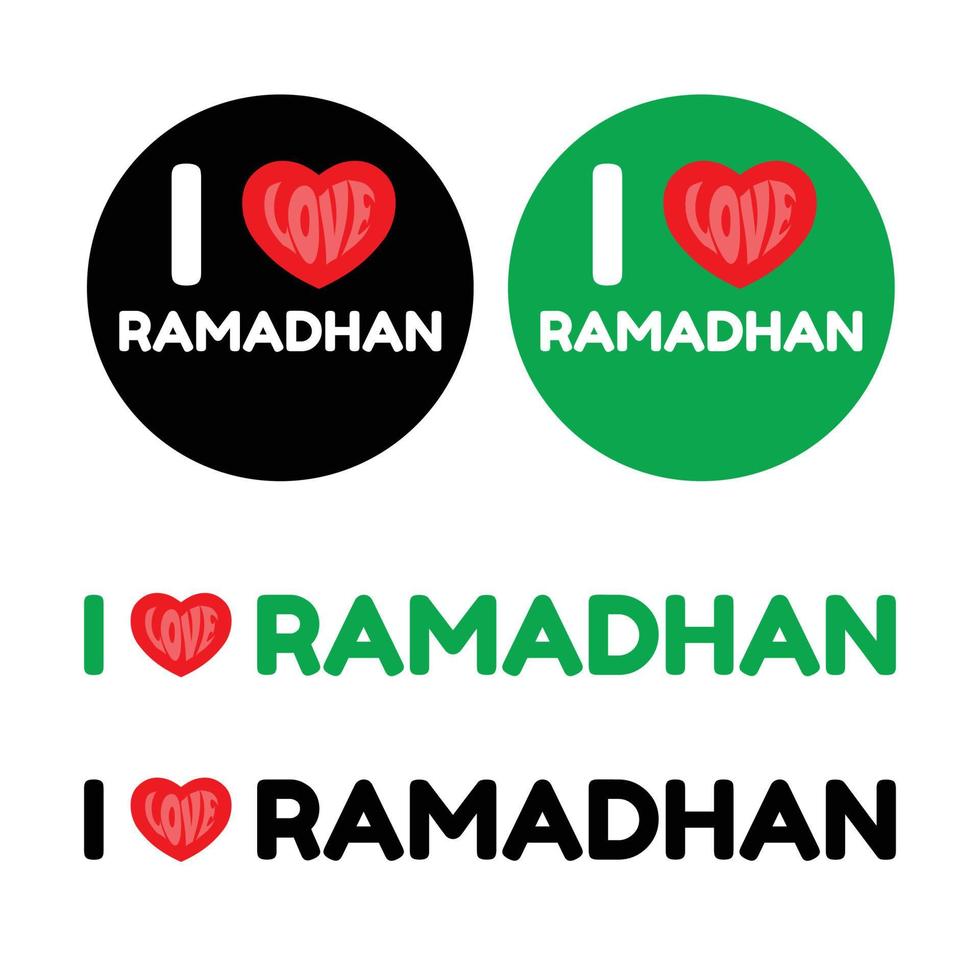 ik liefde Ramadhan tekst insigne met rood harten geïsoleerd Aan zwart en groen achtergrond, Islamitisch vector illustratie.