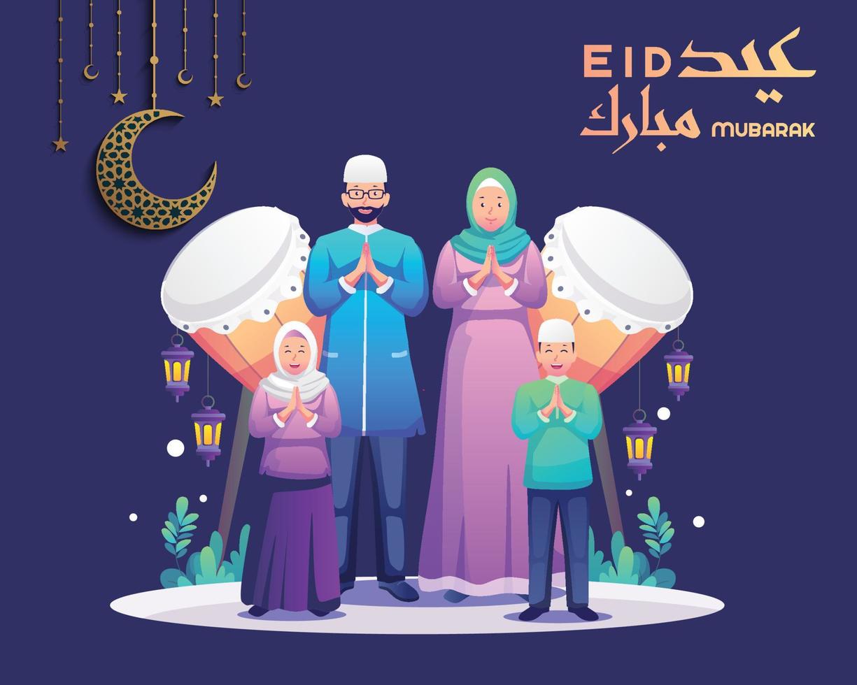 gelukkige moslimfamilie die ramadan kareem begroet en eid mubarak viert. moslims wensen en begroeten eid al-fitr. vlakke stijl vectorillustratie vector