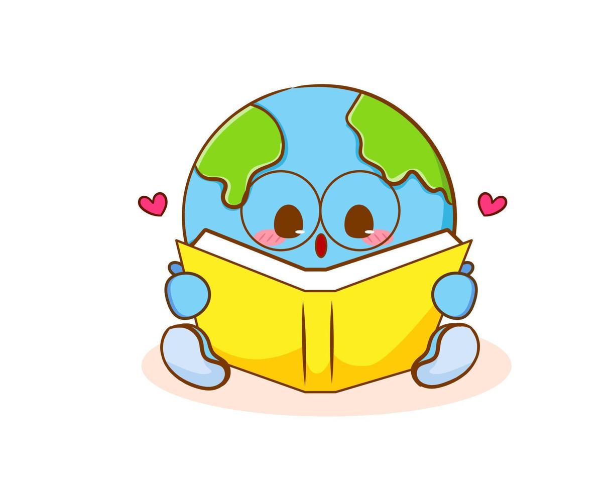 schattig aanbiddelijk aarde tekenfilm met bril lezing een boek. wereld boek dag concept ontwerp. kawaii mascotte karakter klem kunst. vector kunst illustratie.