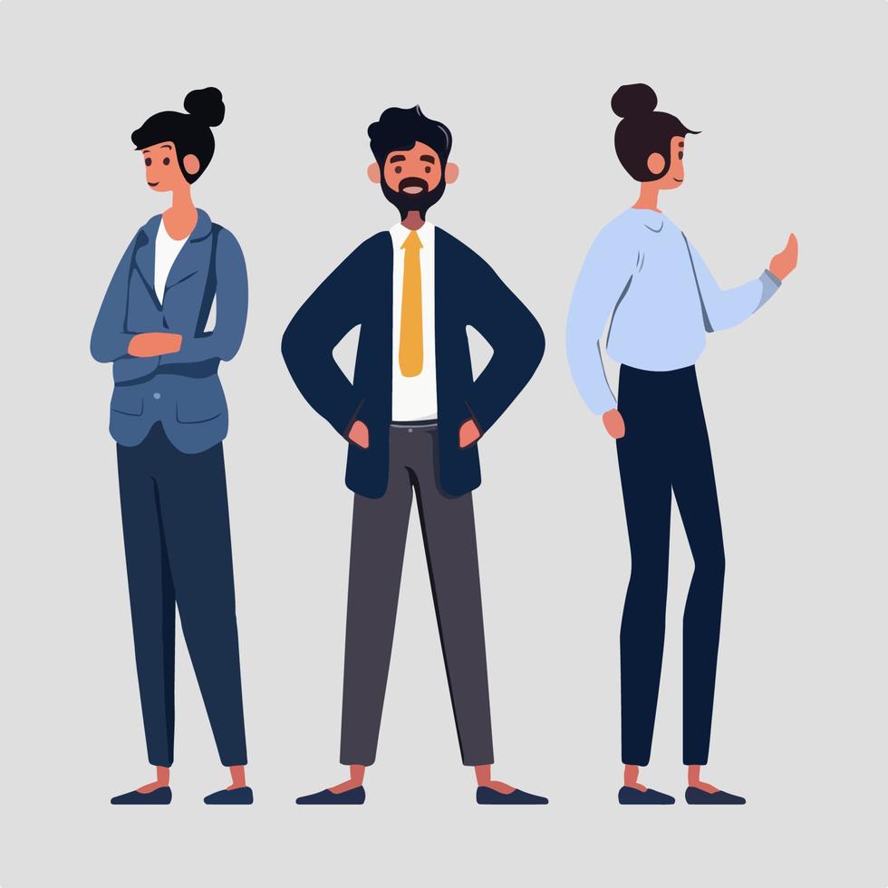 tekenfilm illustratie van bedrijf mensen. staand Mens en twee Dames. vector team concept.