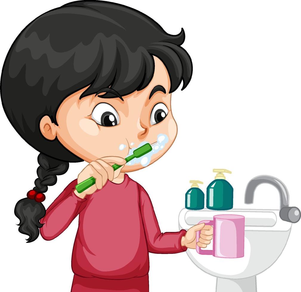 een meisje stripfiguur tanden poetsen met water gootsteen vector