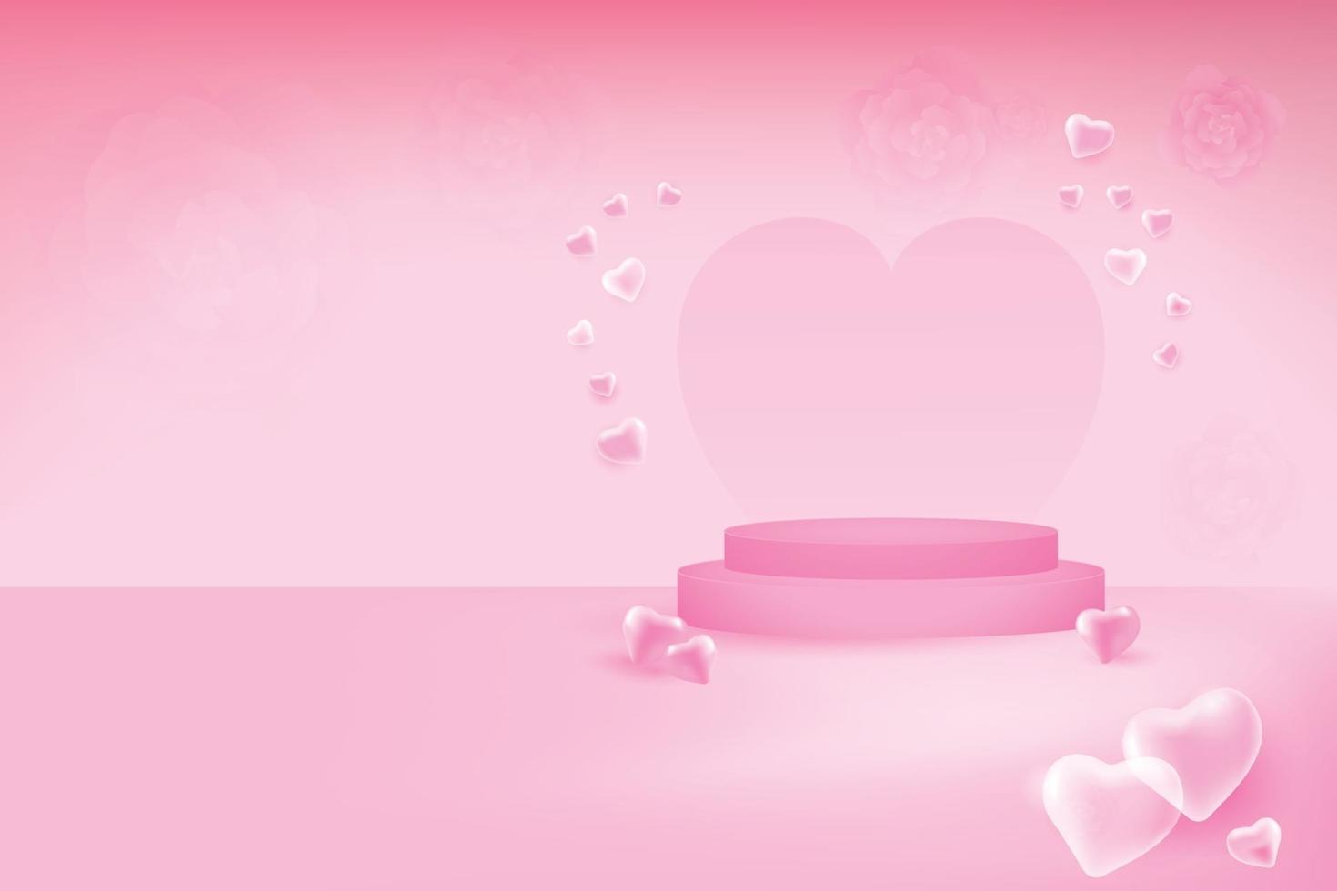 Valentijnsdag concept art presentatie. vector illustratie. 3d roze bellenharten op het podiumpodium.