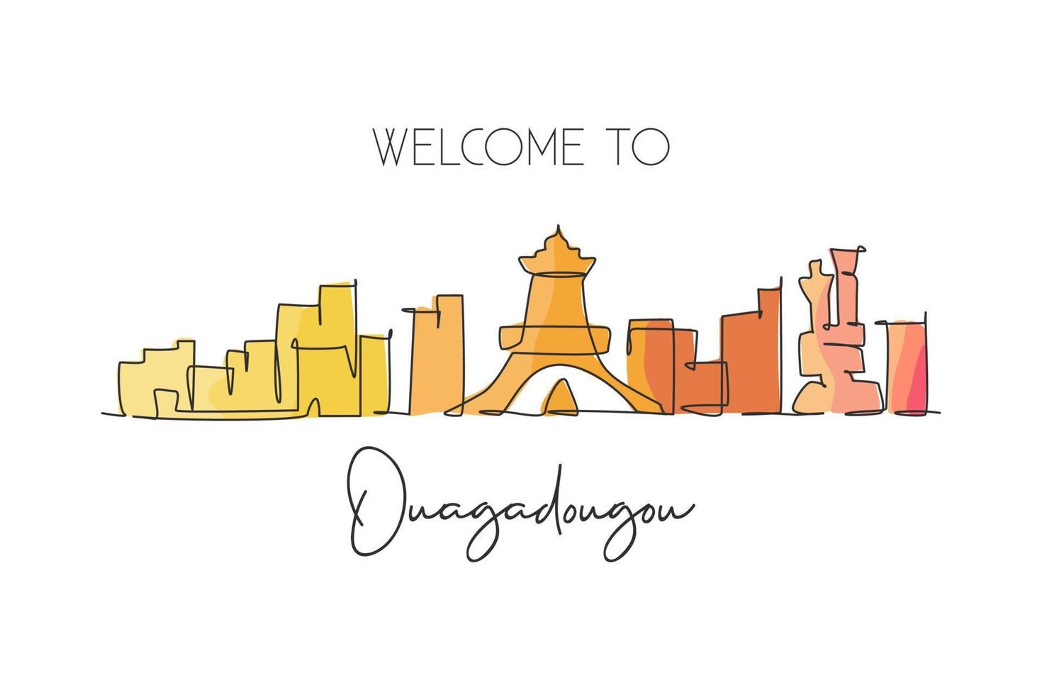 enkele doorlopende lijntekening van de skyline van de stad van ouagadougou, burkina faso. beroemde stad schraper en landschap muur decor poster print art. wereld reizen concept. één lijn tekenen ontwerp vectorillustratie vector