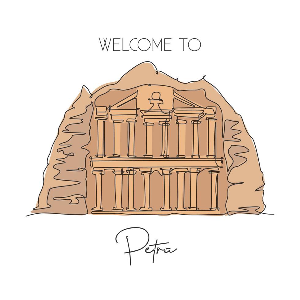 een enkele lijntekening al khazneh petra oude tempel landmark. beroemde plaats in Jordanië. toerisme reizen briefkaart huis muur decor poster kunst concept. moderne doorlopende lijn tekenen ontwerp vectorillustratie vector