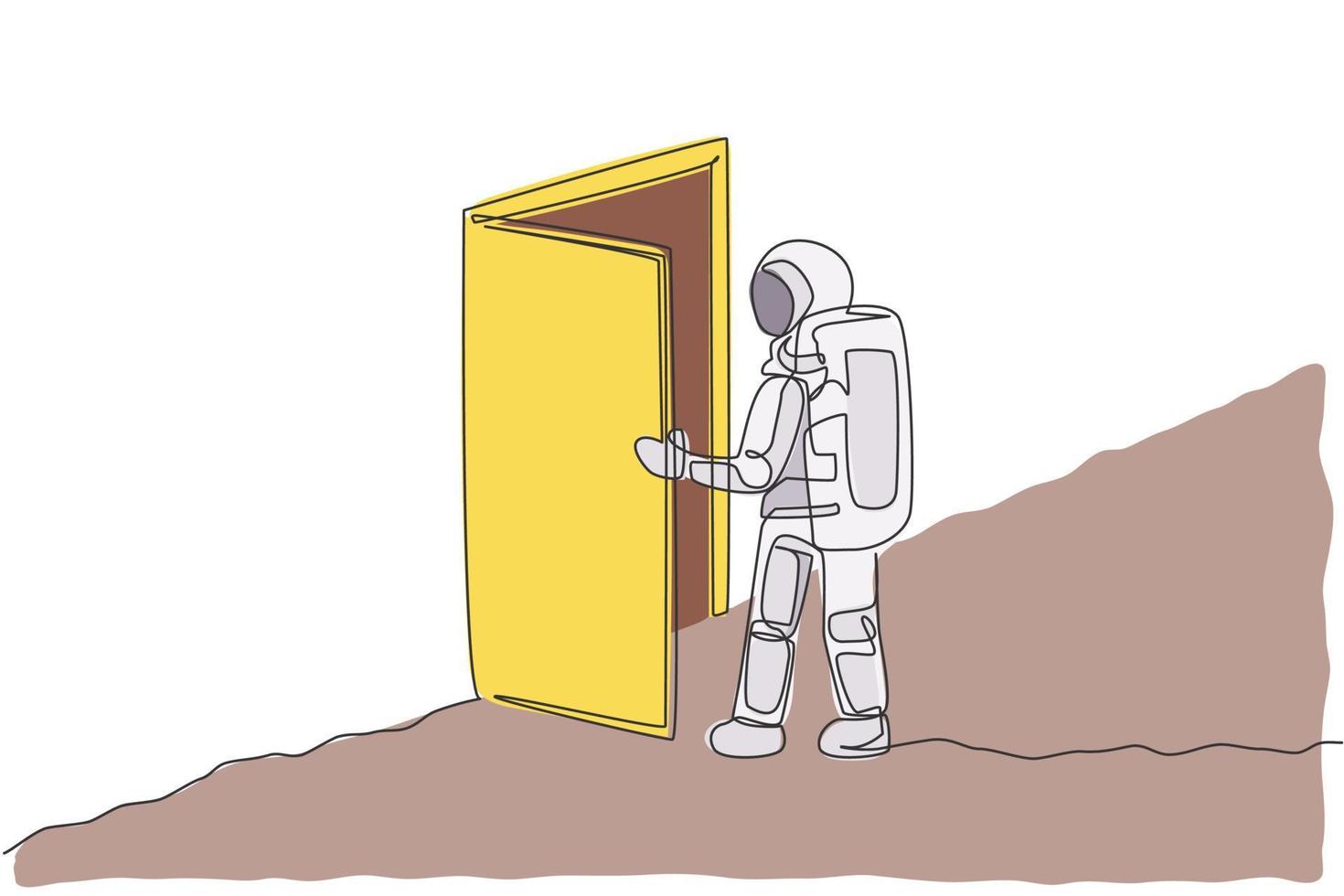 enkele doorlopende lijntekening van astronaut die een open deurpoort binnengaat in een nieuwe dimensie in het maanoppervlak. kosmonaut ruimteconcept. trendy één lijn tekenen ontwerp vector illustratie afbeelding