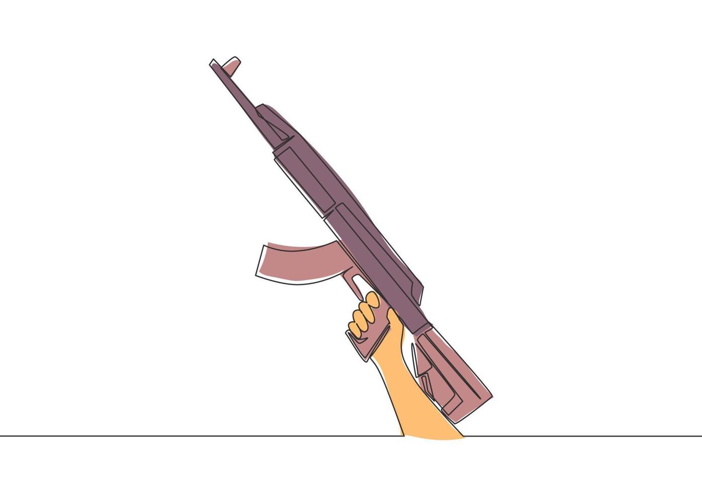 een doorlopend lijn tekening van Mens Holding aanval geweer- automatisch pistool. verdediging wapen concept. single lijn trek vector ontwerp illustratie