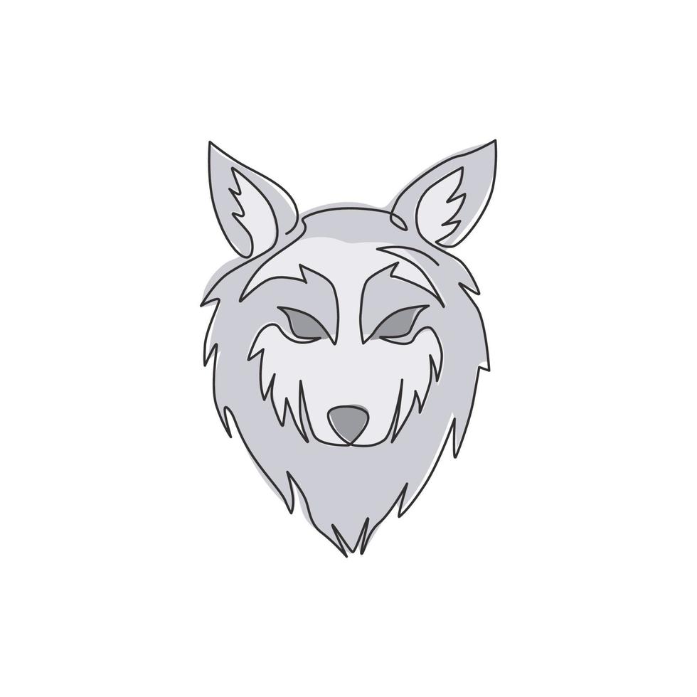 één enkele lijntekening van het hoofd van een gevaarlijke wolf voor de identiteit van het logo van de jagersclub. sterke wolven mascotte embleem concept voor nationale dierentuin icoon. moderne doorlopende lijn tekenen ontwerp vector grafische afbeelding