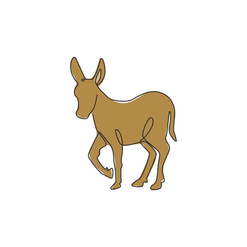 één enkele lijntekening van wandelende schattige ezel voor de identiteit van het boerderijlogo. klein paard mascotte concept voor nationale dierentuin icoon. moderne doorlopende lijn tekenen ontwerp vectorillustratie vector