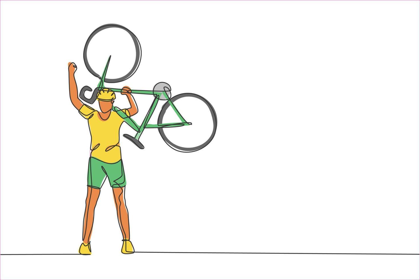 een doorlopende lijntekening van een jonge sportieve man fietsracer tilt zijn fiets op om het winnen te vieren. weg fietser concept. enkele lijn tekenen ontwerp vectorillustratie voor wielerwedstrijd poster vector