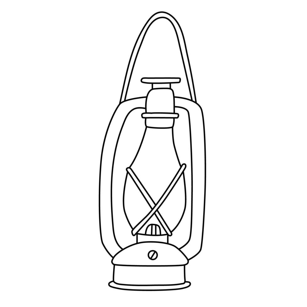 kerosine lantaarn. hand- getrokken vector illustratie van in tekening stijl Aan wit achtergrond. geïsoleerd zwart schets. camping en toerisme apparatuur.
