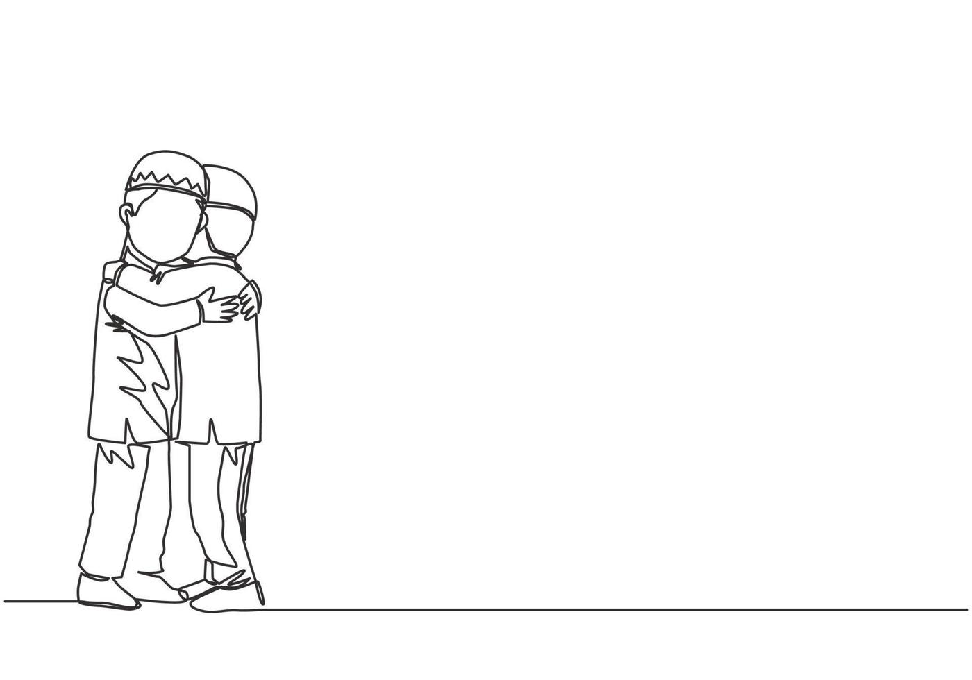 Ramadan kareem groet kaart, poster en banier ontwerp. een single lijn tekening van twee jong gelukkig moslim jongens knuffelen naar vergeven elk ander. doorlopend lijn trek vector illustratie