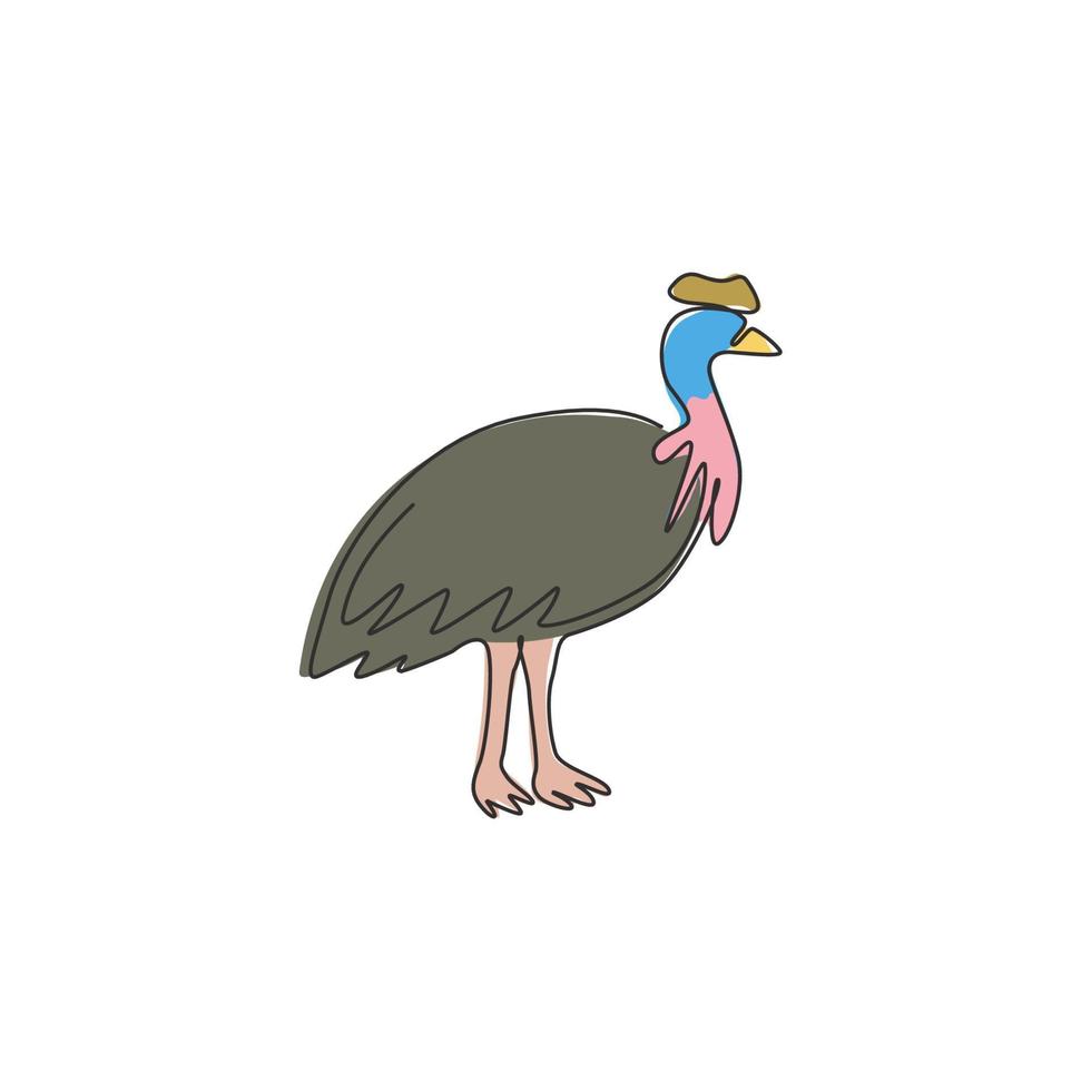 een doorlopende lijntekening van schattige casuaris voor de identiteit van het bedrijfslogo. vliegende mooie vogel mascotte concept voor nationale dierentuin icoon. moderne enkele lijn tekenen ontwerp vector grafische afbeelding