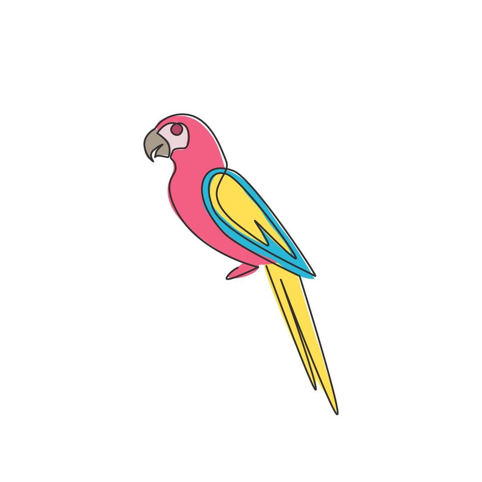 een doorlopende lijntekening van schattige papegaaivogel met lange staart voor logo-identiteit. aves dierlijk mascotteconcept voor nationaal natuurparkpictogram. enkele lijn tekenen ontwerp vector grafische afbeelding