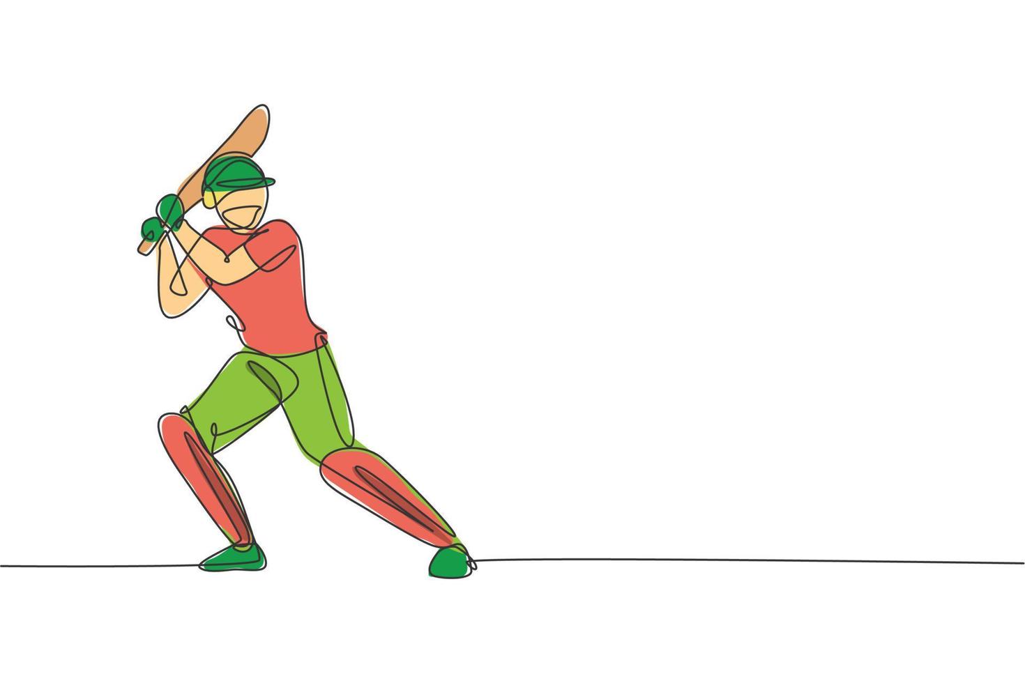 een doorlopende lijntekening van een jonge, gelukkige man cricketspeler die staat om vleermuiszwaai vectorillustratie te oefenen. competitief sportconcept. dynamisch ontwerp met één lijntekening voor advertentieposter vector