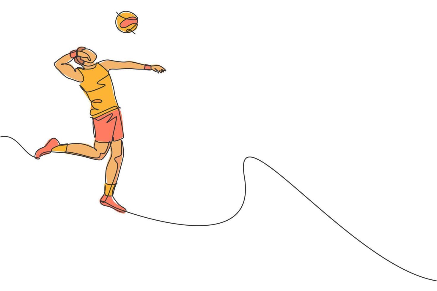 single doorlopend lijn tekening van mannetje jong volleybal atleet speler in actie jumping piek Aan rechtbank. team sport concept. wedstrijd spel. modieus een lijn trek ontwerp vector grafisch illustratie