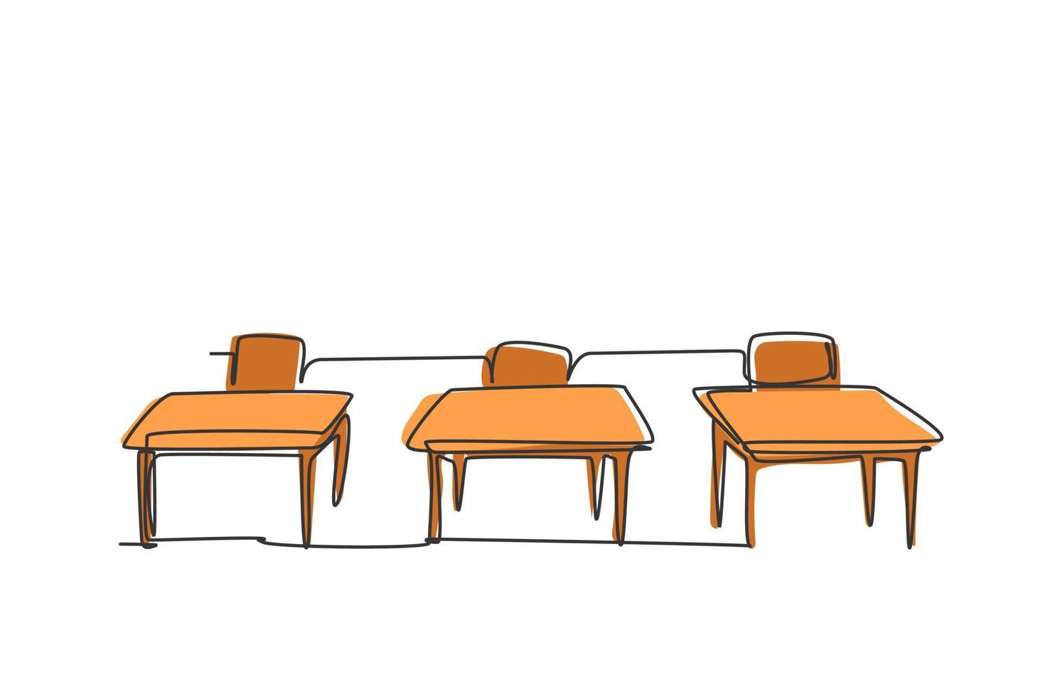 enkele lijntekening van schoolstoel en tafel in een kleuterklas. terug naar school minimalistisch, onderwijsconcept. continue eenvoudige lijn trekken stijl ontwerp grafische vectorillustratie vector