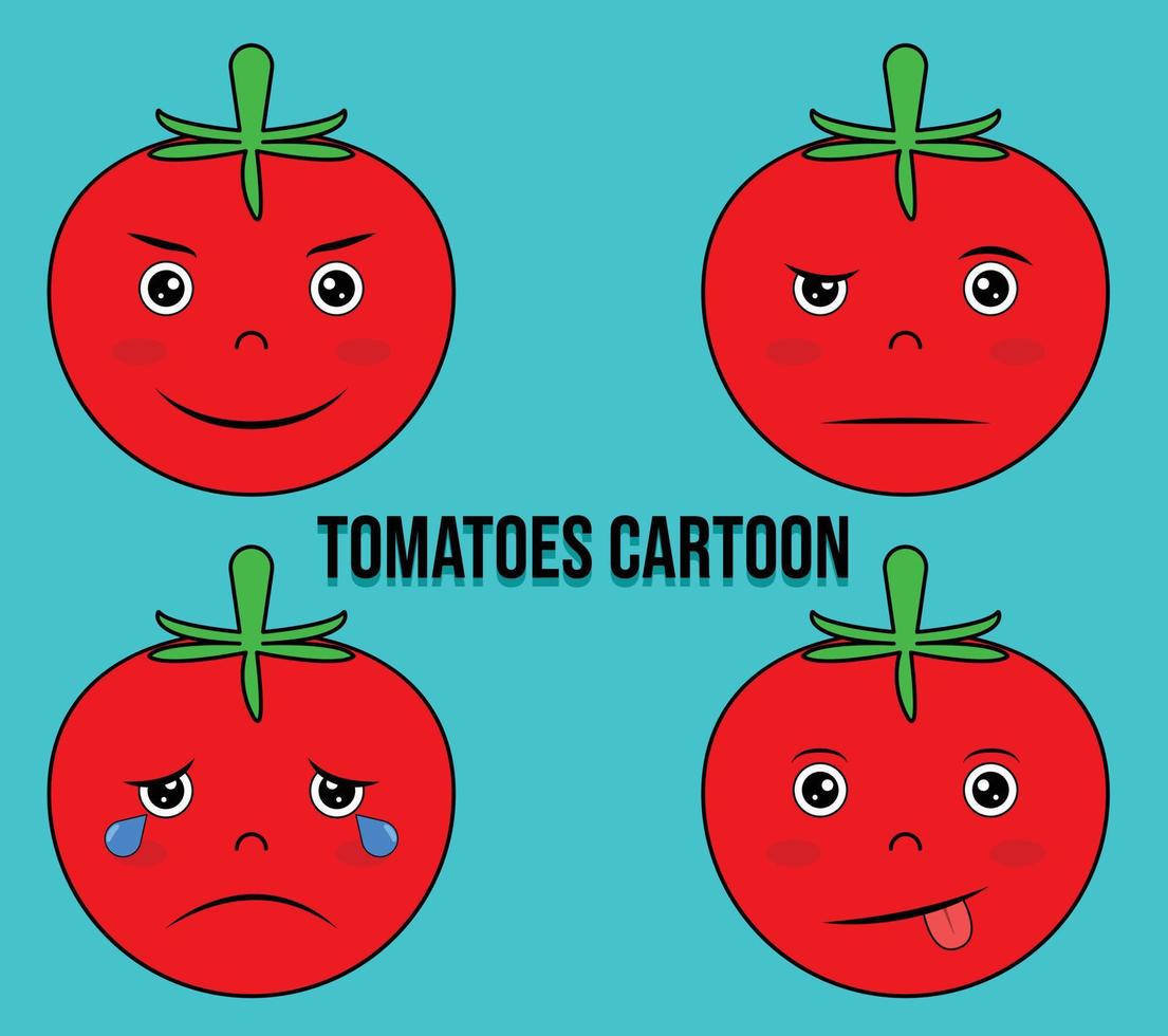 schattig tomaat tekenfilm in divers uitdrukkingen. tomaat emoticon. huilen tomaten. vector illustratie.