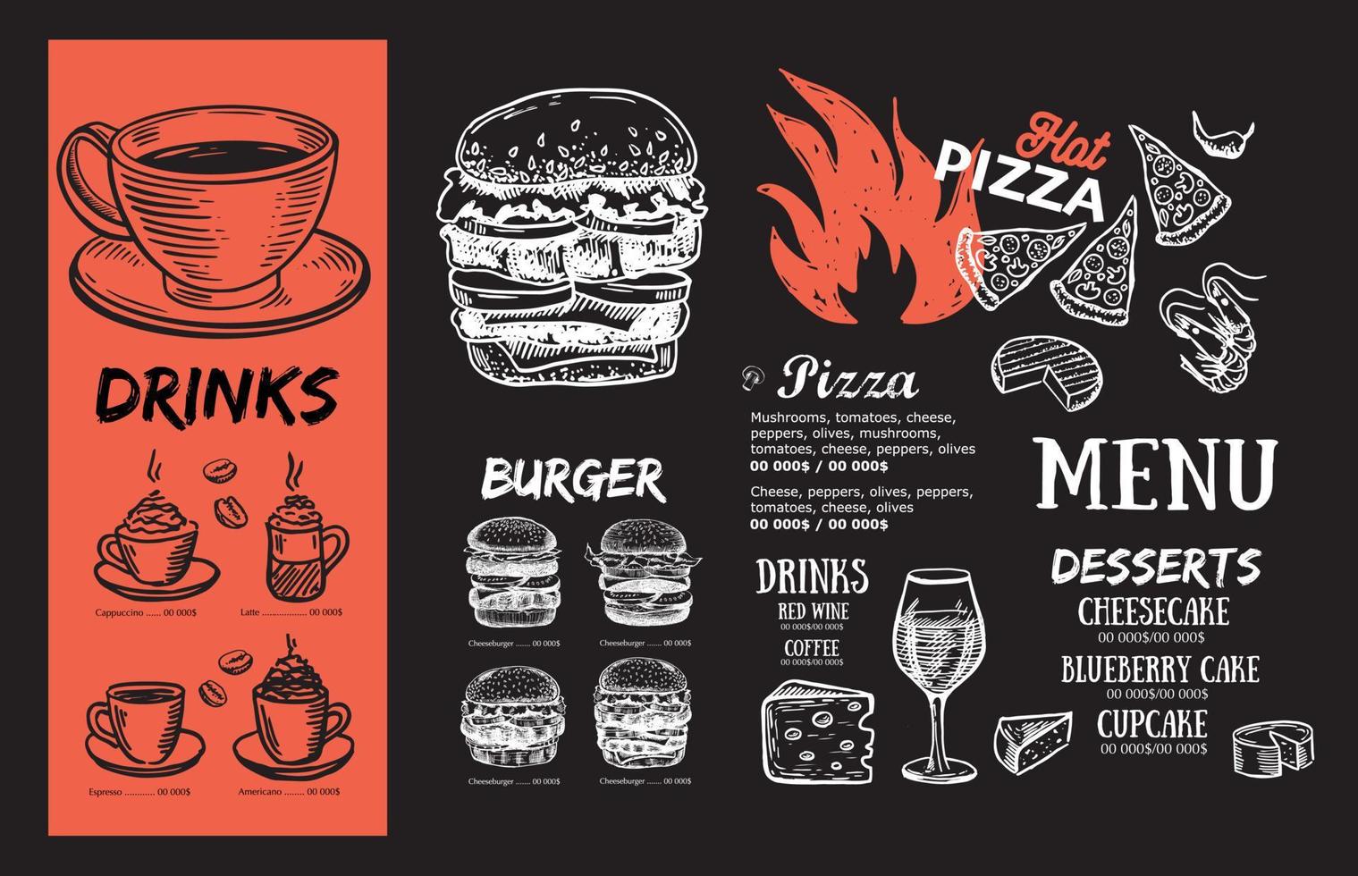 Adobe illustrator kunstwerkpizza voedsel menu, restaurant, cafe, sjabloon ontwerp. hand- getrokken illustraties, voedsel folder. vector