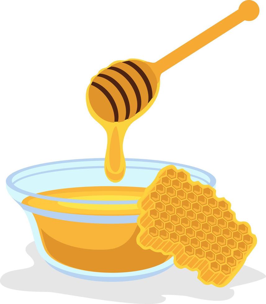 samenstelling met vers honing Aan wit achtergrond. reeks van honing. vector illustratie in een vlak stijl. honingraat, houten honing dipper, glas kop vol van honing