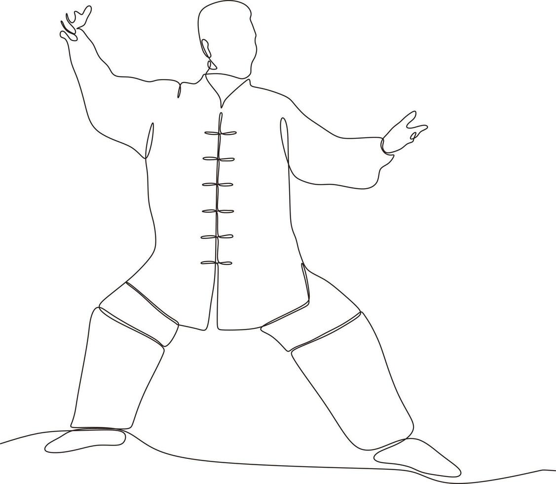 single lijn tekening van jong wushu vechter, kung fu meester in uniform opleiding tai chi standpunten in dojo centrum. gevecht. modieus een lijn trek ontwerp vector