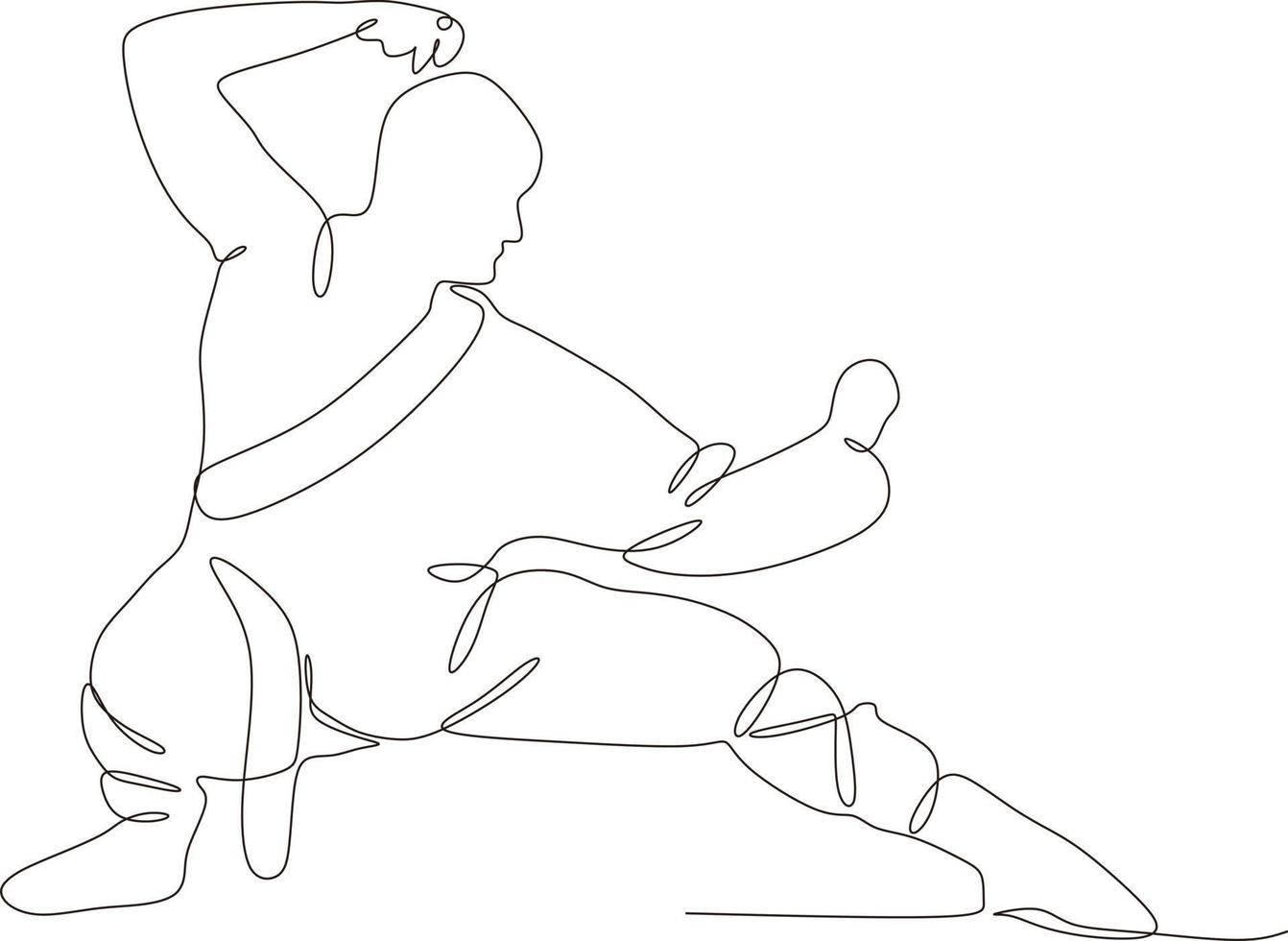 single lijn tekening van jong wushu vechter, kung fu meester in uniform opleiding tai chi standpunten in dojo centrum. gevecht. modieus een lijn trek ontwerp vector