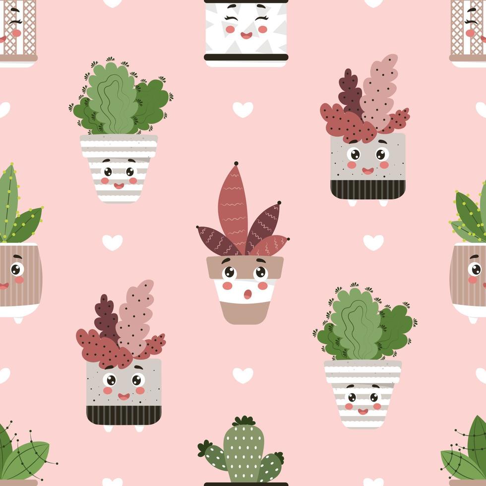 kawaii bloempotten naadloos patroon, schattig kawaii cactussen, kawaii fabriek voorjaar set, kamerplant, huis tuin, tuinieren, fabriek jaloezieën, kamerplant winkel concept, kas vector