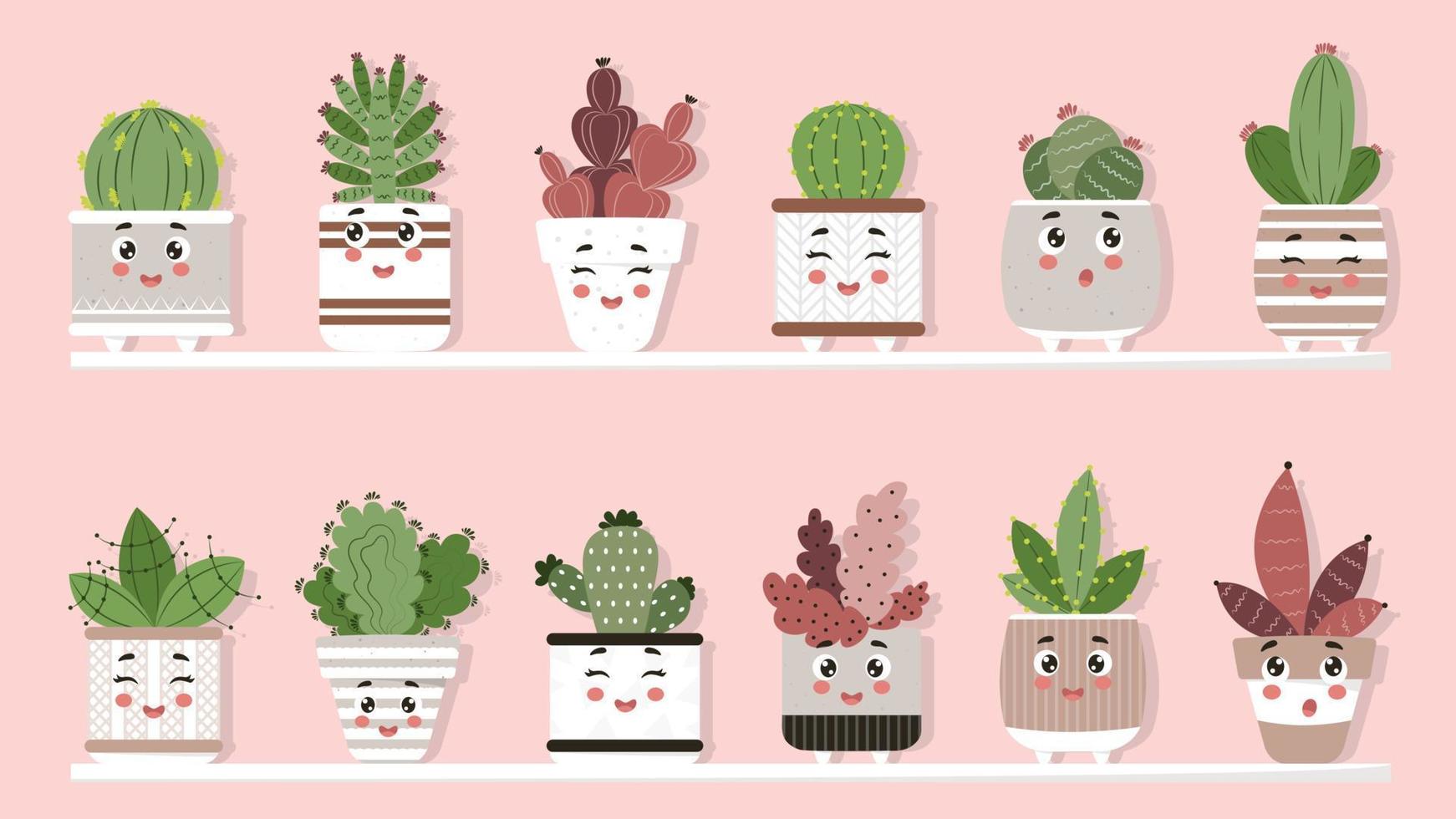 reeks van schattig kawaii vazen, kawaii cactussen, voorjaar reeks met kawaii planten, kamerplant, huis tuin, tuinieren, fabriek minnaar, kamerplant op te slaan concept vector