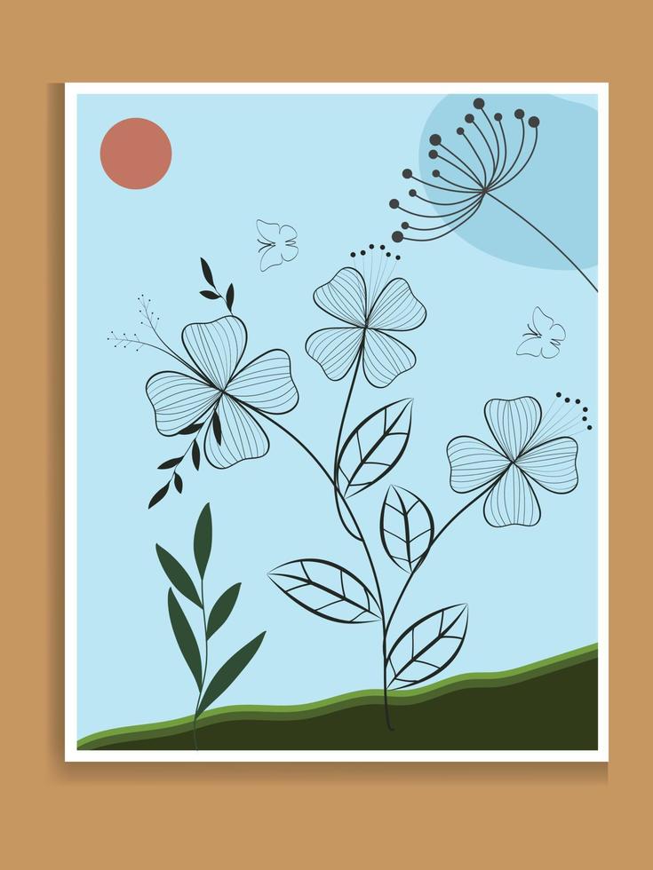 abstract kunst natuur achtergrond vector. modern vorm lijn kunst behang. boho gebladerte botanisch tropisch bladeren en bloemen patroon ontwerp voor huis decoratie, muur kunst, sociaal media post en verhaal achtergrond vector