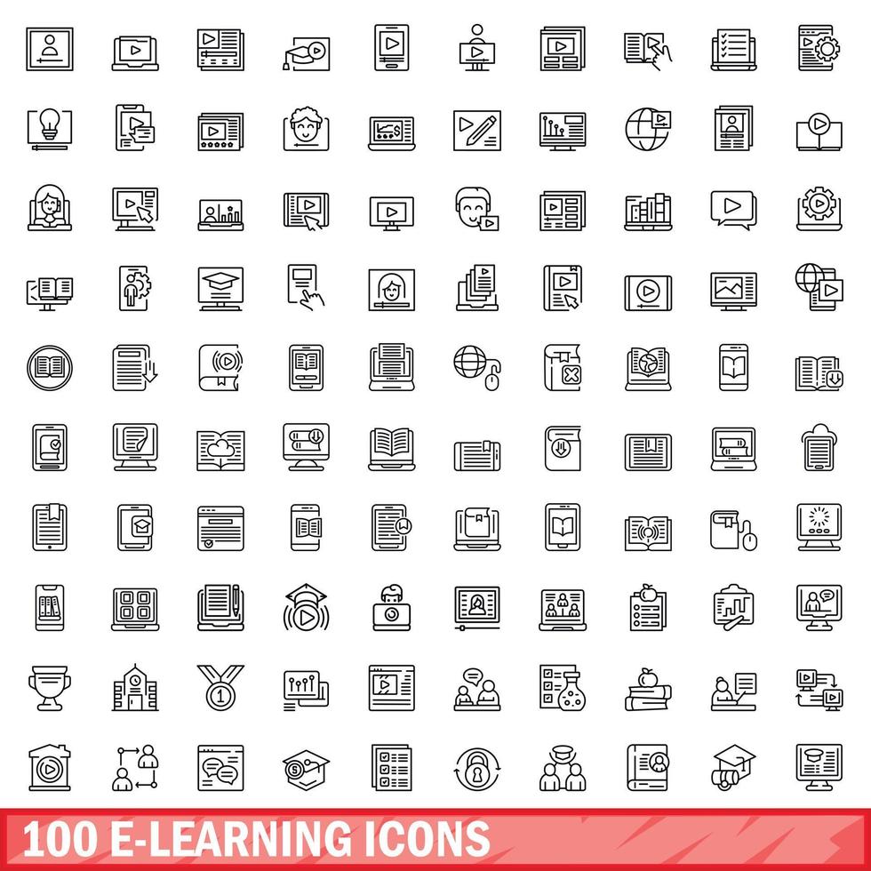 100 e-learning iconen set, Kaderstijl vector