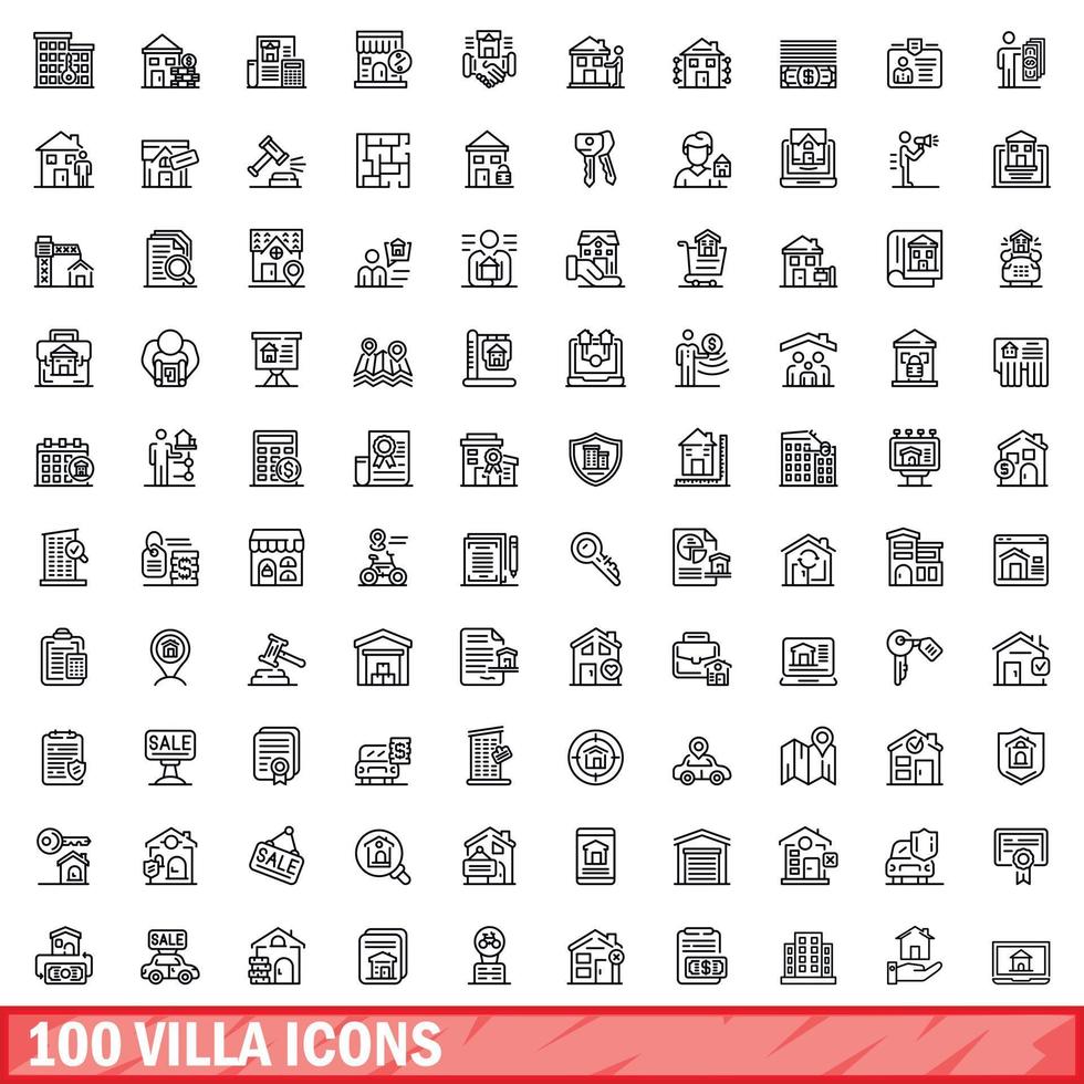 100 villa iconen set, Kaderstijl vector