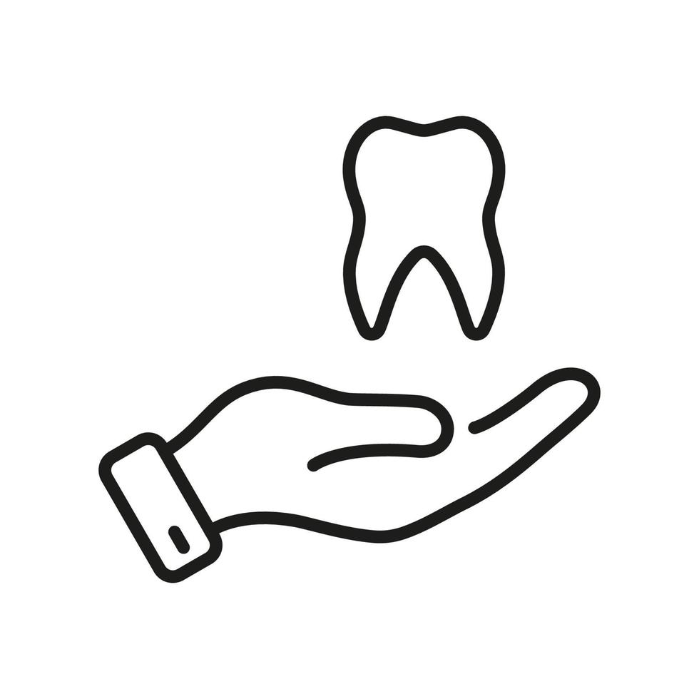tandheelkundig zorg lijn icoon. tand en menselijk hand- tandarts ondersteuning concept. stomatologie bescherming lineair pictogram. tandheelkunde schets symbool. tandheelkundig behandeling. bewerkbare hartinfarct. geïsoleerd vector illustratie.