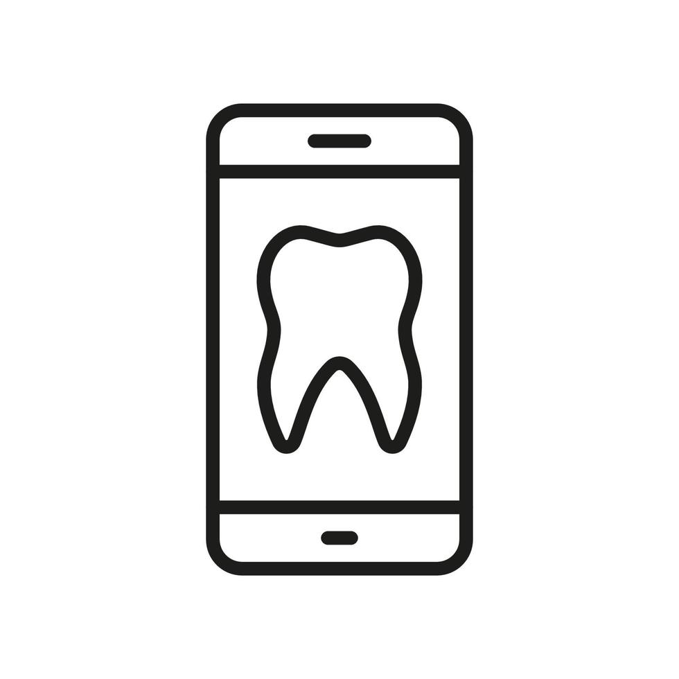 online tandarts helpen in smartphone lijn icoon. tandheelkunde geneeskunde in mobiel telefoon lineair pictogram. tand Gezondheid diagnose, tandheelkundig zorg schets symbool. bewerkbare hartinfarct. geïsoleerd vector illustratie.