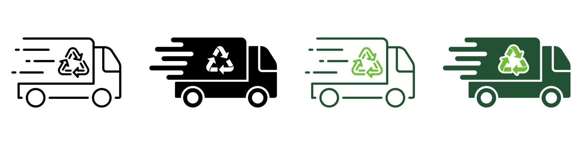 snel vuilnis vrachtauto met recycle lijn en silhouet icoon set. voertuig vervoer voor afval. ecologie uitschot vervoer onderhoud symbool verzameling Aan wit achtergrond. geïsoleerd vector illustratie.