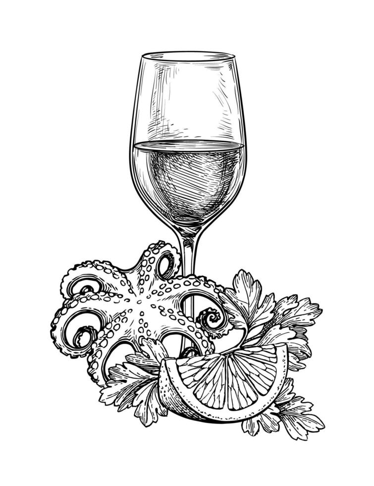 glas van wit wijn met Octopus, citroen en peterselie. zeevruchten inkt schetsen geïsoleerd Aan wit achtergrond. hand- getrokken vector illustratie. retro stijl.