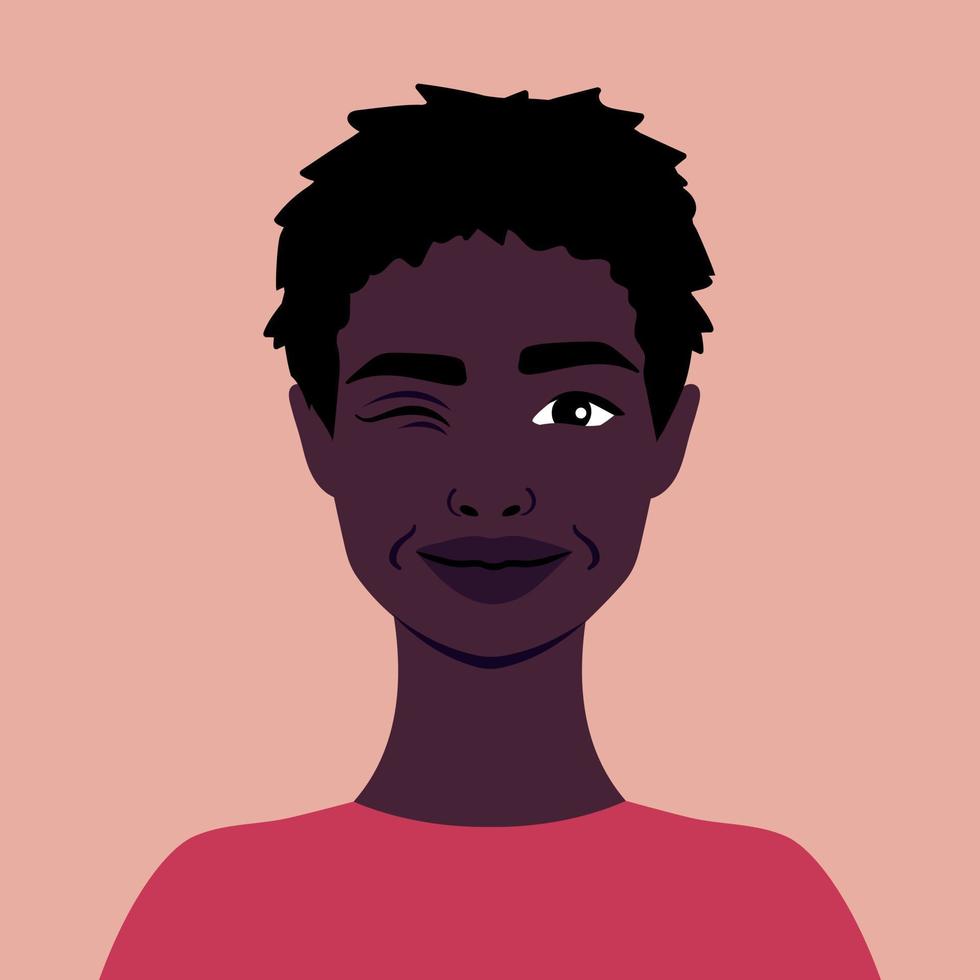 portret van een mooi Afrikaanse vrouw glimlachen en knipogend. vol gezicht portret in vlak stijl. avatar. vrouw. verscheidenheid vector