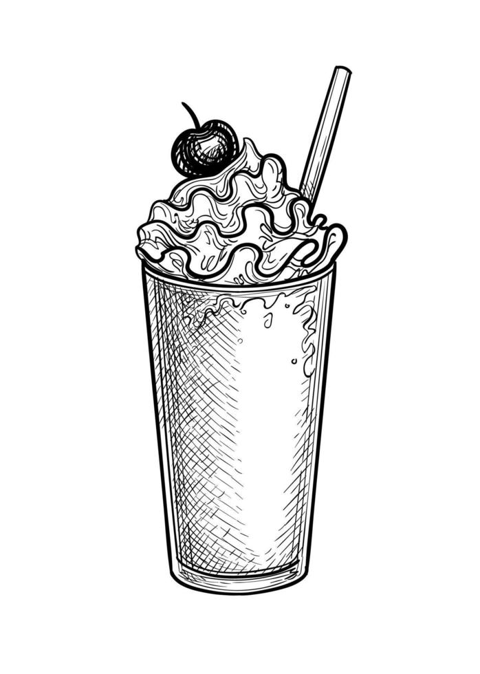 milkshake in papier of plastic kop met deksel en rietje. inkt schetsen geïsoleerd Aan wit achtergrond. hand- getrokken vector illustratie. retro stijl.