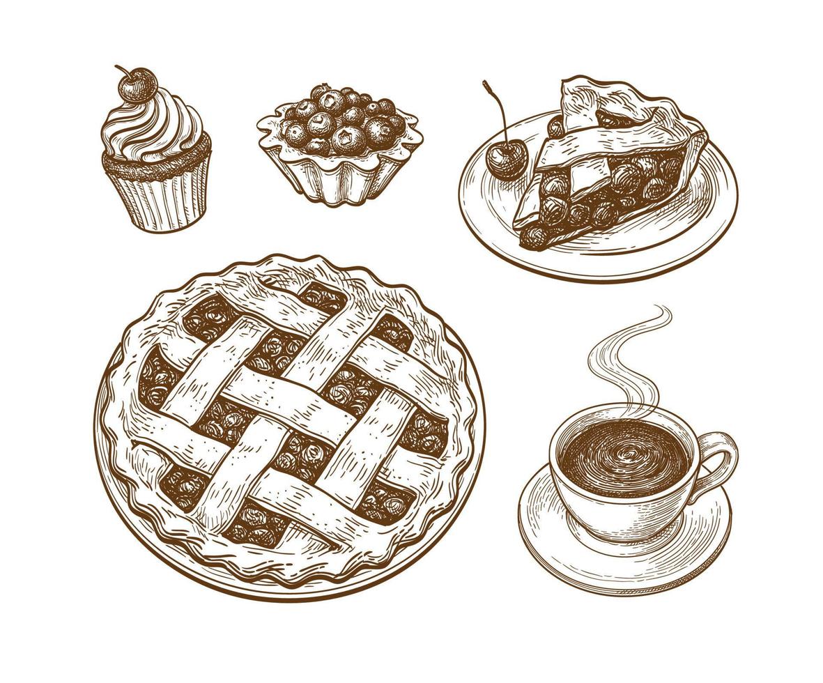 cakes en taarten met vers bessen. inkt schetsen geïsoleerd Aan wit achtergrond. hand- getrokken vector illustratie. retro stijl.