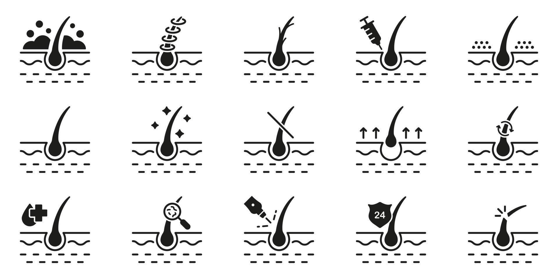 gezond dermatologie schoonheid behandeling voor opperhuid glyph pictogram. haar- verlies, groei, transplantatie, verwijdering, zorg silhouet zwart icoon set. haar- follikel behandeling icoon. geïsoleerd vector illustratie.